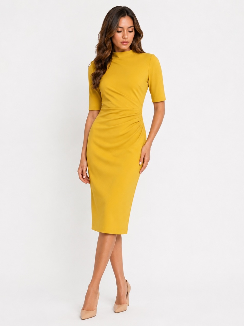 Maggy London Marigold Yellow Ruched Sheath Midi Dress NWT Size 0